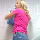 A hidden camera is set up on the floor behind a toilet. It records an unsuspecting blonde girl taking a shit and then wiping herself. This appears to be genuine voyeur material, but poor audio.